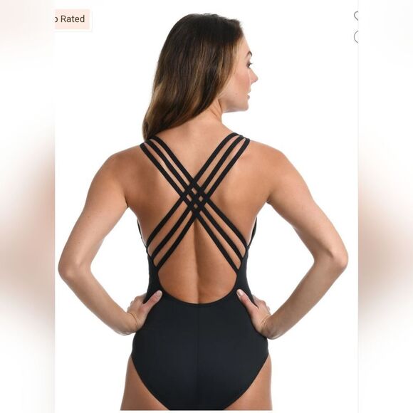 La Blanca Island Goddess Multi-Strap Cross-Back One Piece NWT size 14 Black - Picture 2 of 5